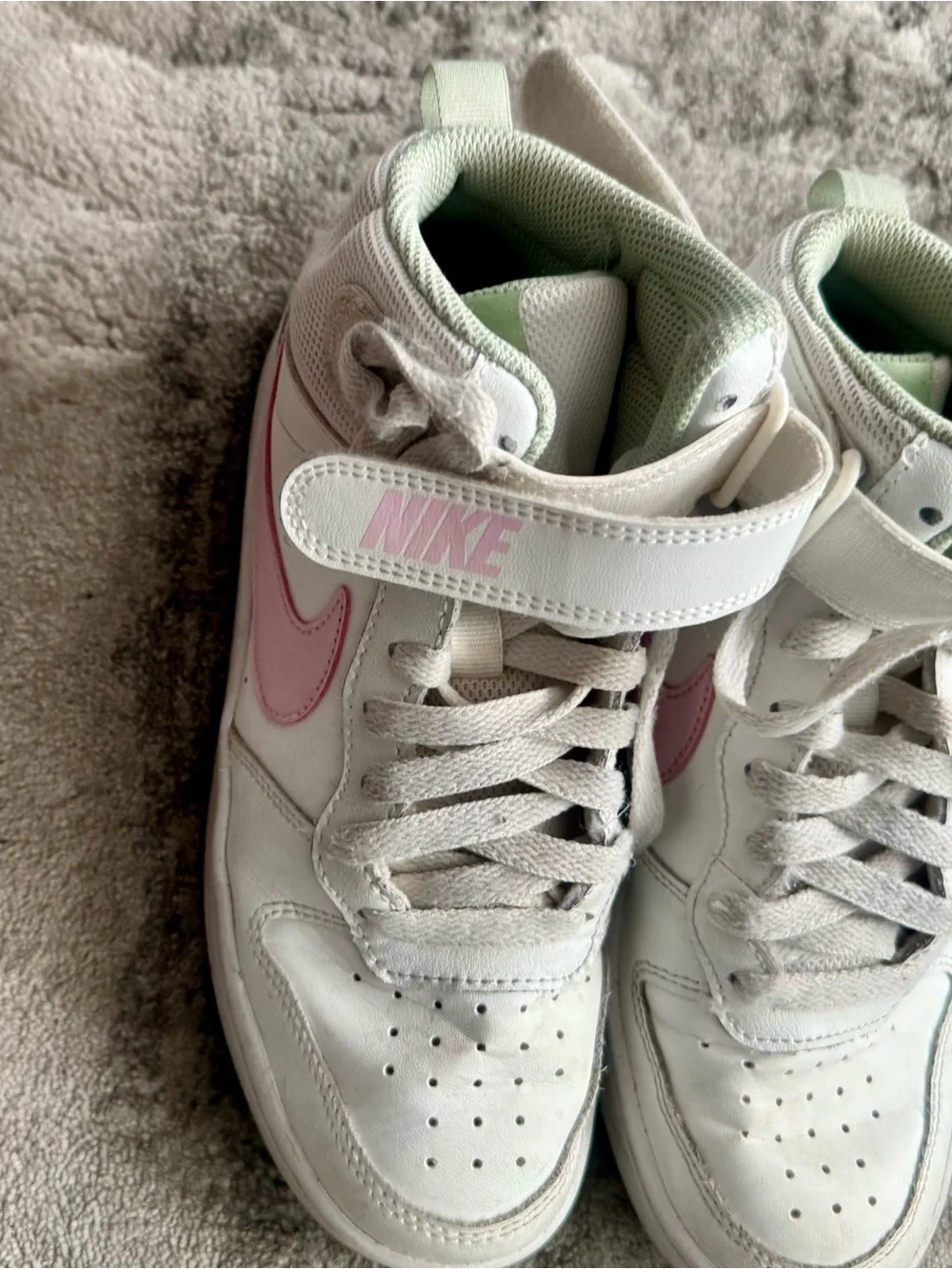 Nike White Sneakers with Pink Swoosh and Mint Lining